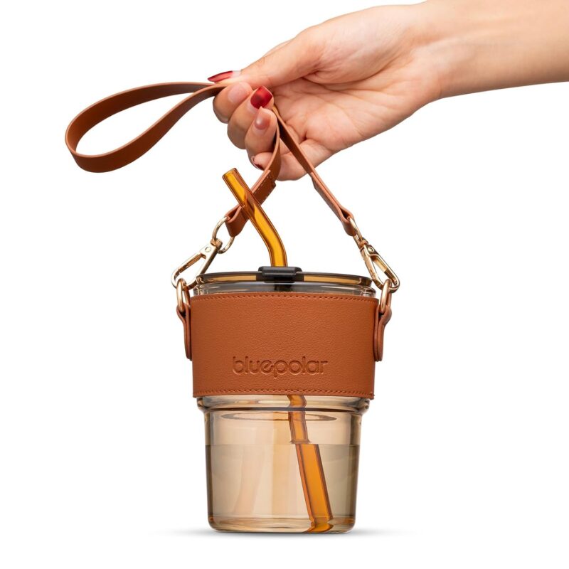 13 oz Tumbler Water Glass, Water Bottle with Straw and Dustproof Lid, Coffee Ice Cup Double Wall Insulated Glass Cup (Amber with Sleeve and Strap)