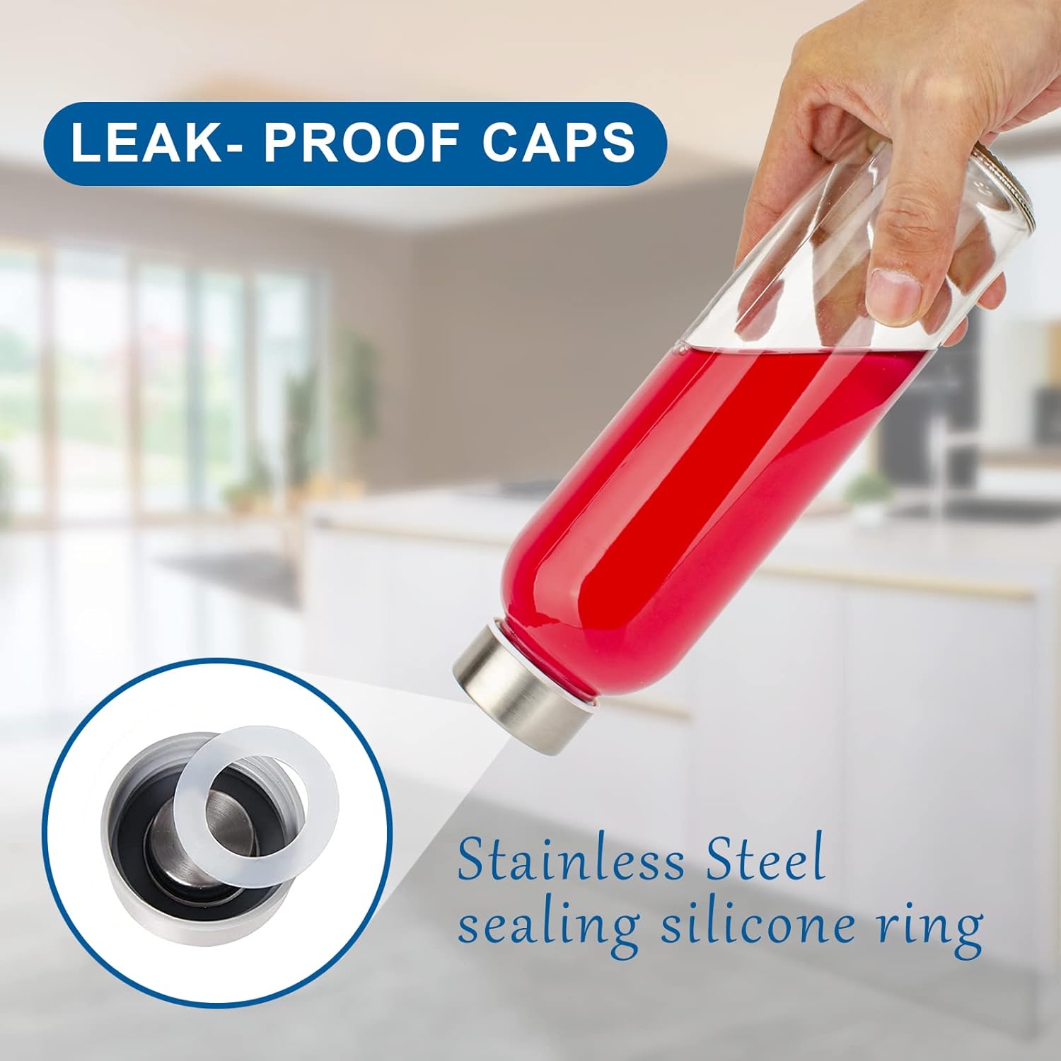 Clear Glass Bottles with Lids 18 oz, Reusable Glass Water Bottles with Stainless Steel Cap for Refrigerator, Juicing, 100% Leak Proof, BPA Free, Juice Bottle Drinking Jar...