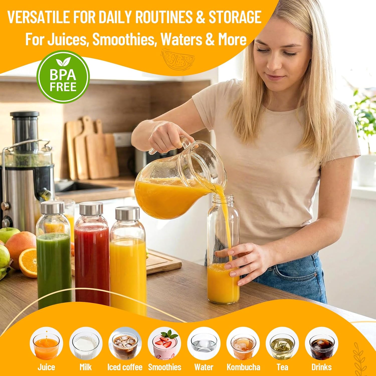 Clear Glass Bottles with Lids 18 oz, Reusable Glass Water Bottles with Stainless Steel Cap for Refrigerator, Juicing, 100% Leak Proof, BPA Free, Juice Bottle Drinking Jar...