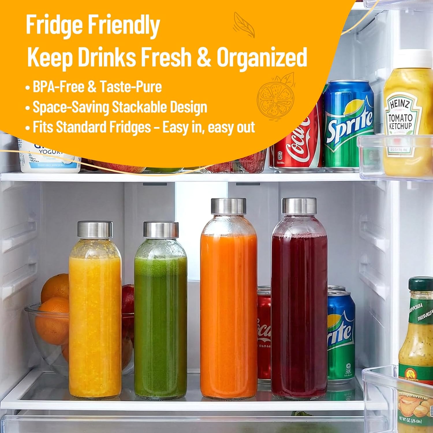 Clear Glass Bottles with Lids 18 oz, Reusable Glass Water Bottles with Stainless Steel Cap for Refrigerator, Juicing, 100% Leak Proof, BPA Free, Juice Bottle Drinking Jar...