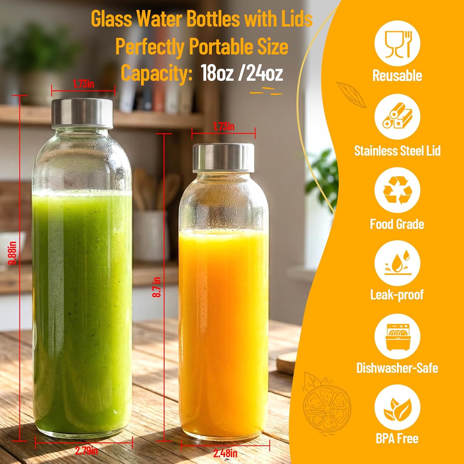 Clear Glass Bottles with Lids 18 oz, Reusable Glass Water Bottles with Stainless Steel Cap for Refrigerator, Juicing, 100% Leak Proof, BPA Free, Juice Bottle Drinking Jar...
