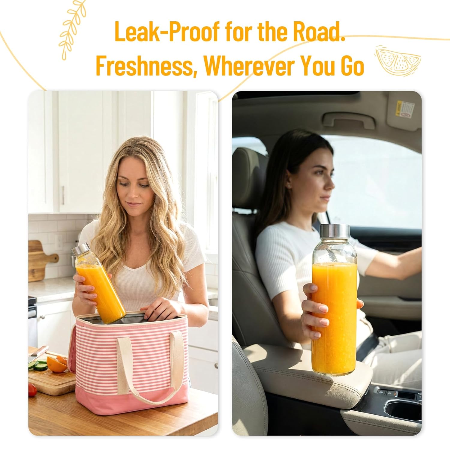 Clear Glass Bottles with Lids 18 oz, Reusable Glass Water Bottles with Stainless Steel Cap for Refrigerator, Juicing, 100% Leak Proof, BPA Free, Juice Bottle Drinking Jar...