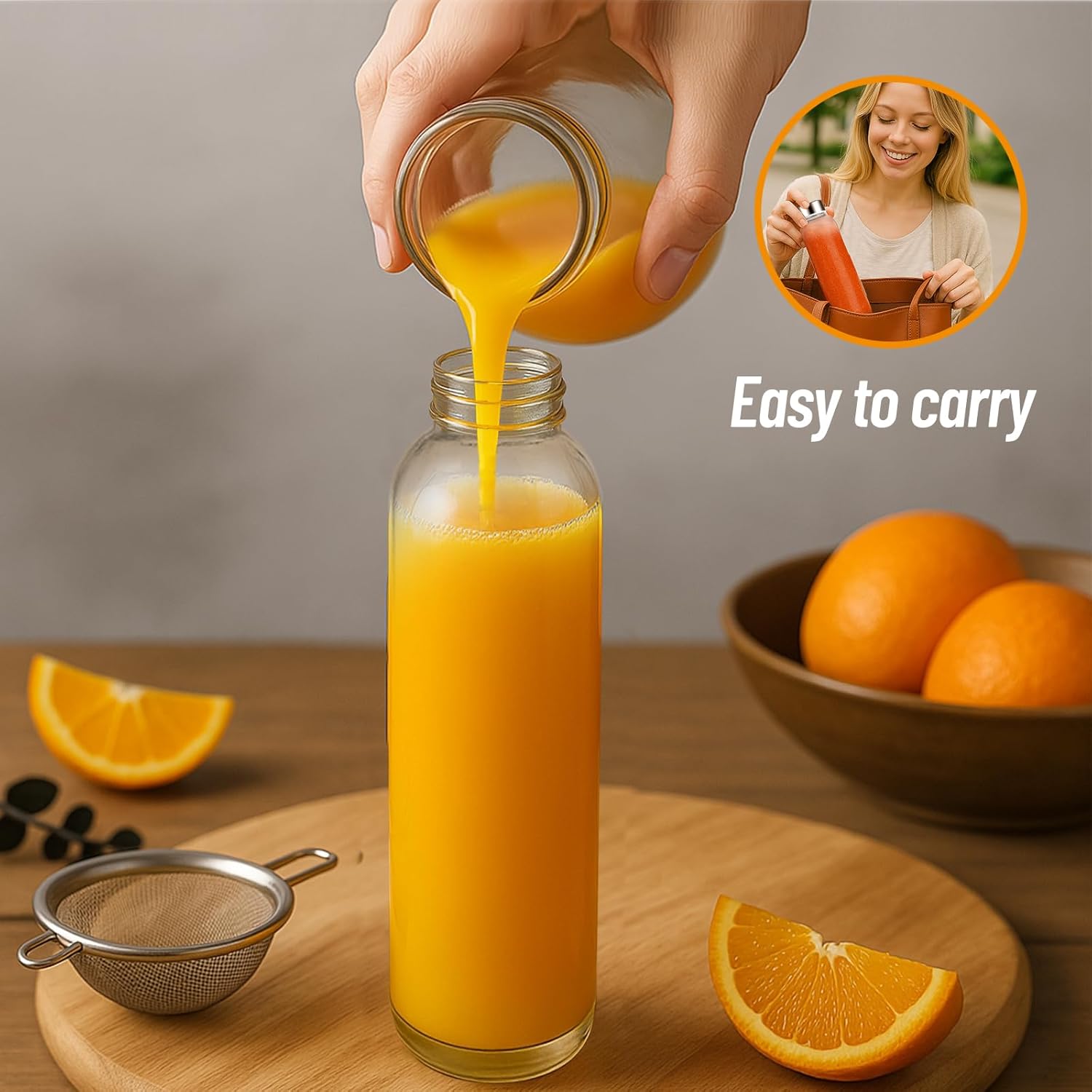 Clear Glass Bottles with Lids 18 oz, Reusable Glass Water Bottles with Stainless Steel Cap for Refrigerator, Juicing, 100% Leak Proof, BPA Free, Juice Bottle Drinking Jar...