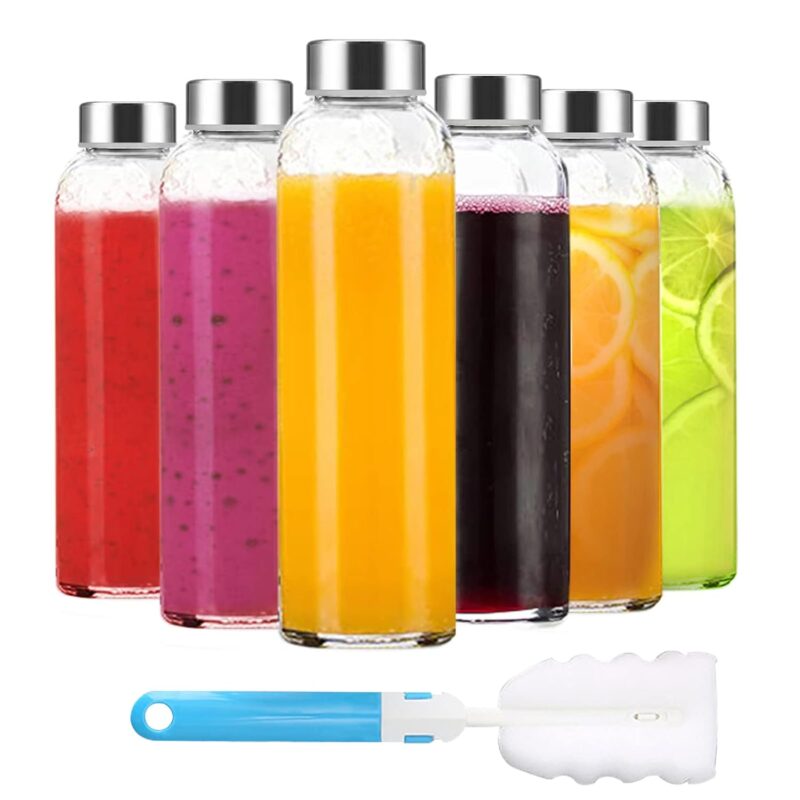 Clear Glass Bottles with Lids 18 oz, Reusable Glass Water Bottles with Stainless Steel Cap for Refrigerator, Juicing, 100% Leak Proof, BPA Free, Juice Bottle Drinking Jar...
