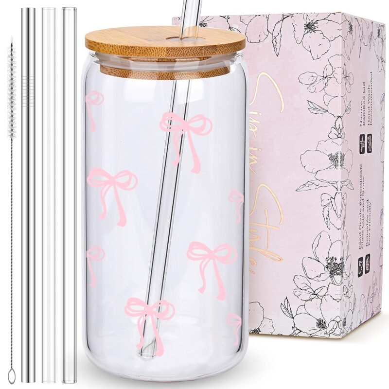 Coquette Cute Pink Bow Glass Cups with Lids and Straws, Aesthetic Iced Coffee Cup, Girly Preppy Design Tumbler Mug, Birthday Valentines Christmas Gifts for Women, Teen Girl...
