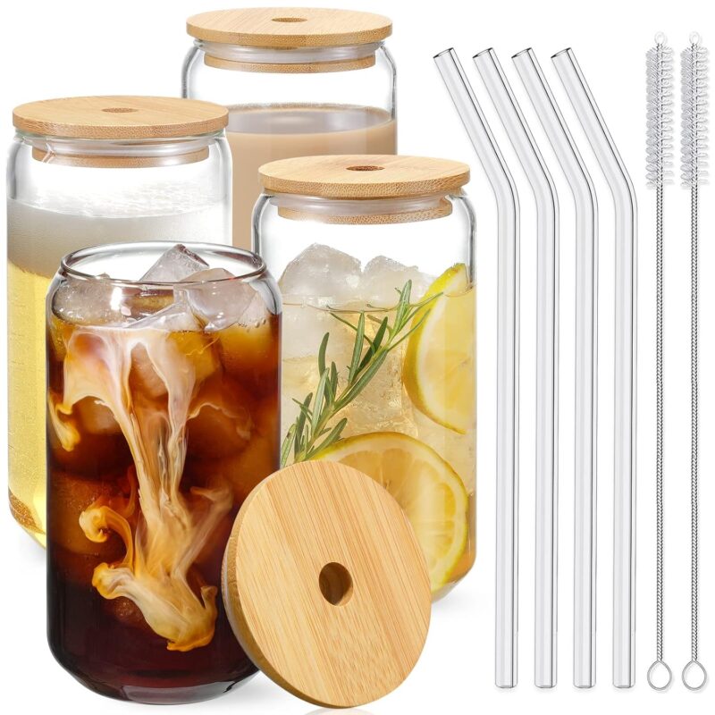 Drinking Glasses with Bamboo Lids and Glass Straw 4pcs Set - 16oz Glass Cups, Iced Coffee Glasses, Cute iced Tea Glasses, Beer Glasses, Ideal for Coffee Bar Accessories,...