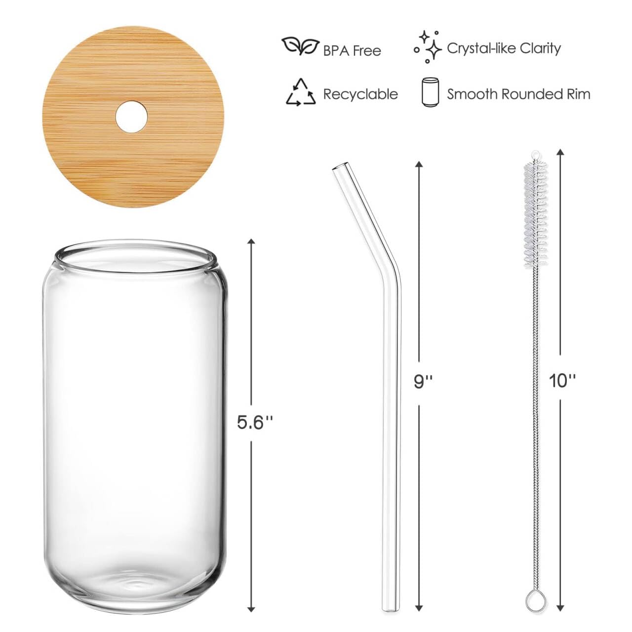 Drinking Glasses with Bamboo Lids and Glass Straw 4pcs Set - 16oz Glass Cups, Iced Coffee Glasses, Cute iced Tea Glasses, Beer Glasses, Ideal for Coffee Bar Accessories,...
