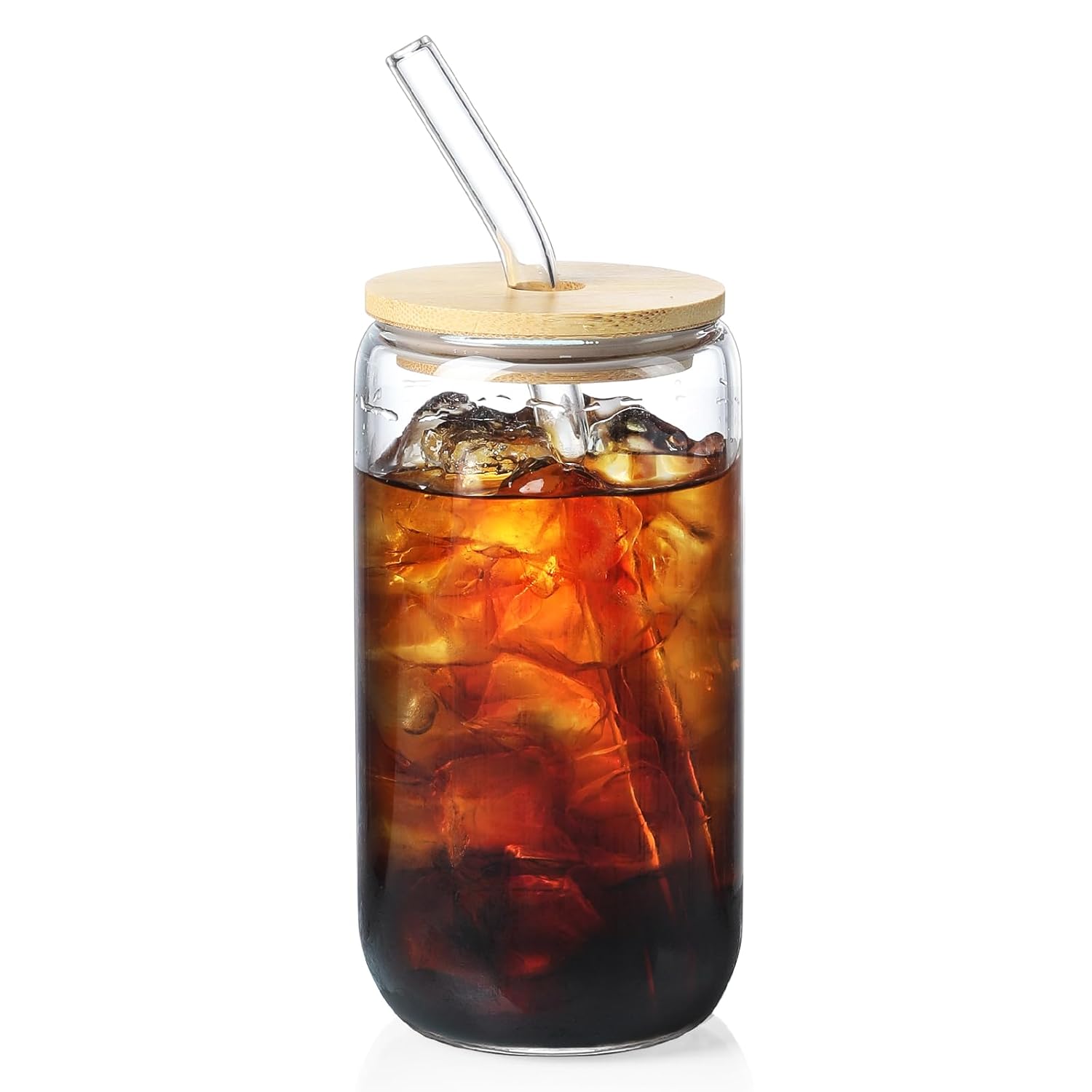 Drinking Glasses with Bamboo Lids and Glass Straw 4pcs Set - 16oz Glass Cups, Iced Coffee Glasses, Cute iced Tea Glasses, Beer Glasses, Ideal for Coffee Bar Accessories,...