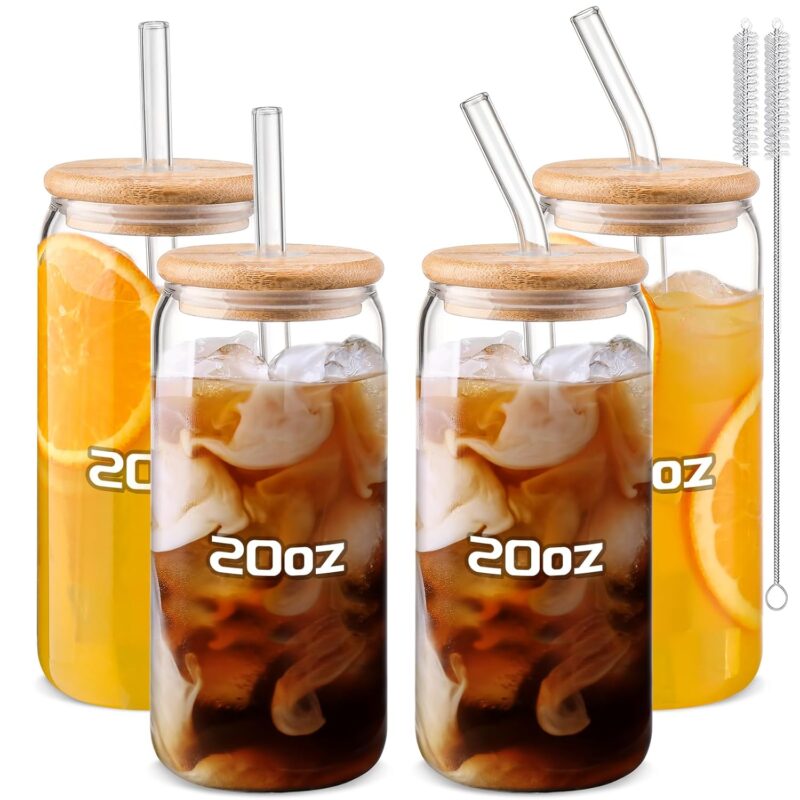 DWTS DANWEITESI Glass Cups “20oz”,Glass Cups with Lids and Straws 4 pcs-Coffee Cups,Drinking Glasses Set,Glass Tumbler with Straw and Lid Gift 2 Cleaning Brushes