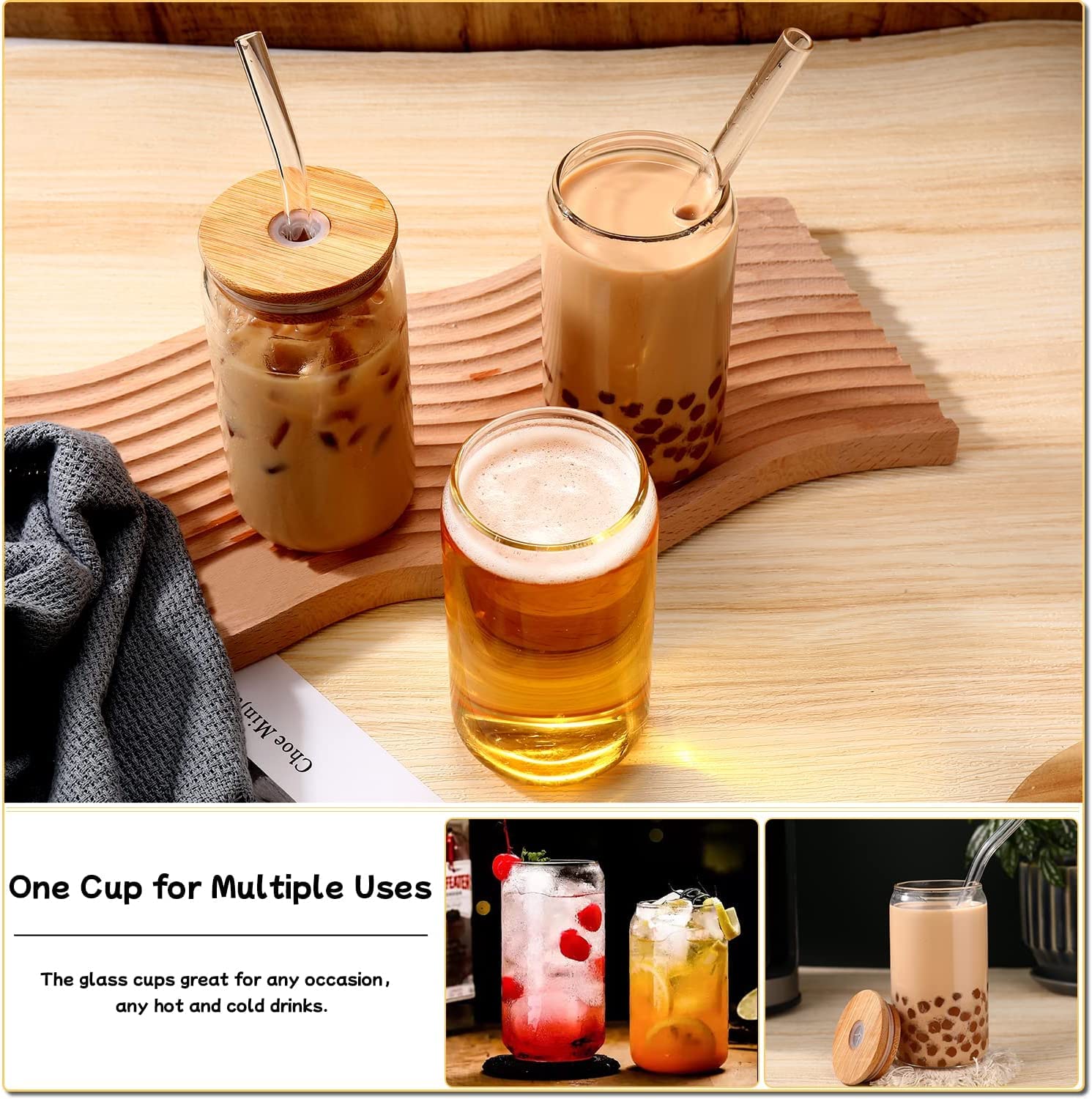 DWTS DANWEITESI Glass Cups with Lids and Straws 4 pcs