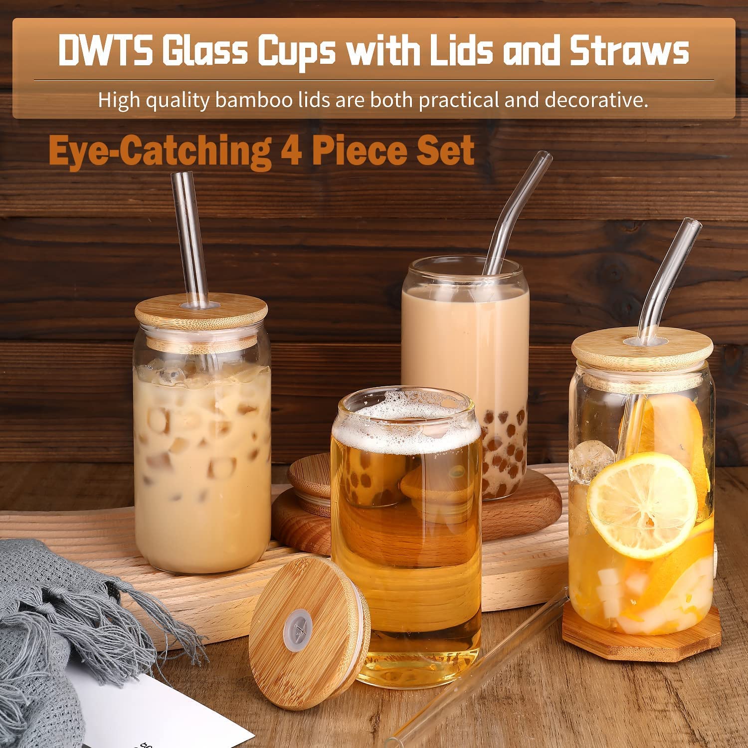 DWTS DANWEITESI Glass Cups with Lids and Straws 4 pcs