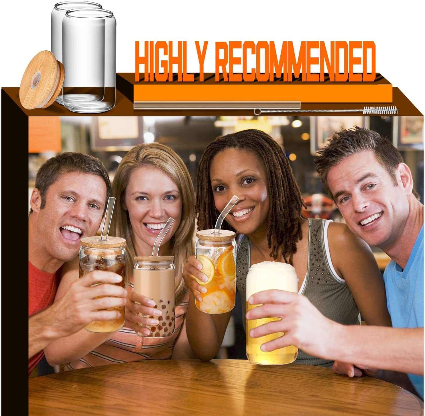 DWTS DANWEITESI Glass Cups with Lids and Straws 4 pcs