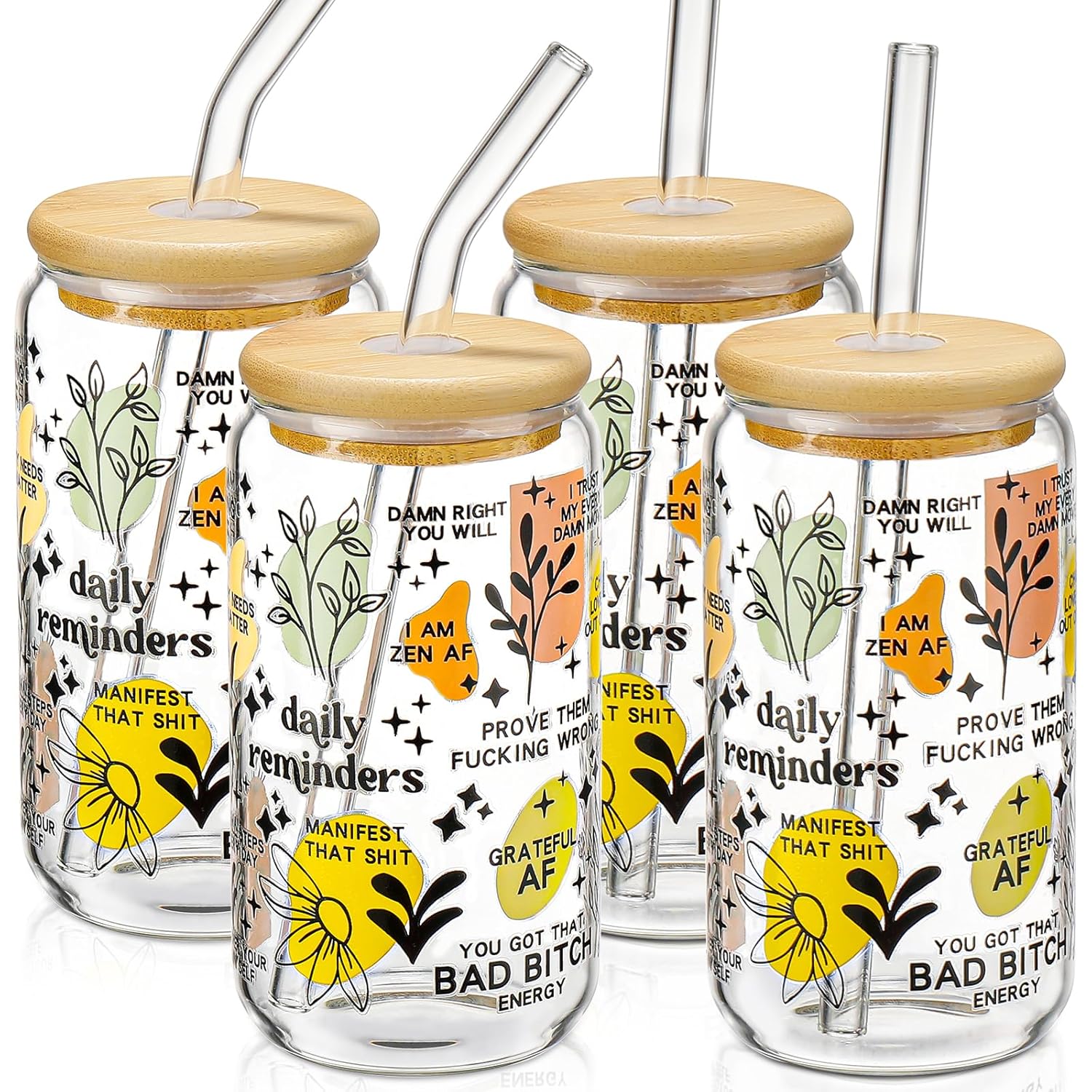 DWTS DANWEITESI Glass Cups with Lids and Straws 4 pcs