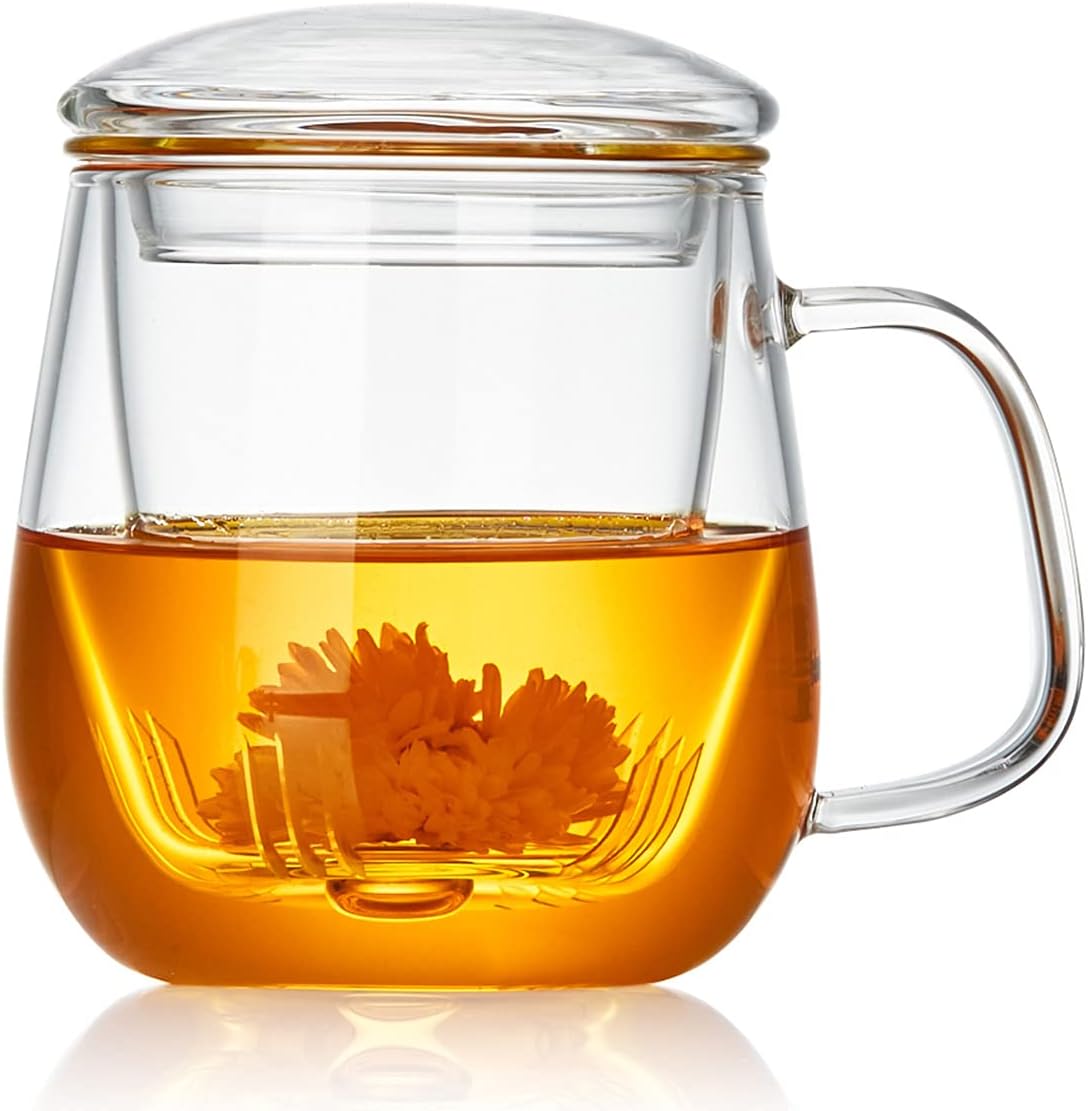 Glass Tea Cup with Infuser and Lid, 17.6oz/520ml Large Borosilicate Teacup,Tea Glass, Clear Mug for Loose Leaf Tea, Blooming Tea, Microwave & Dishwasher Safe - Tea Maker Gift...