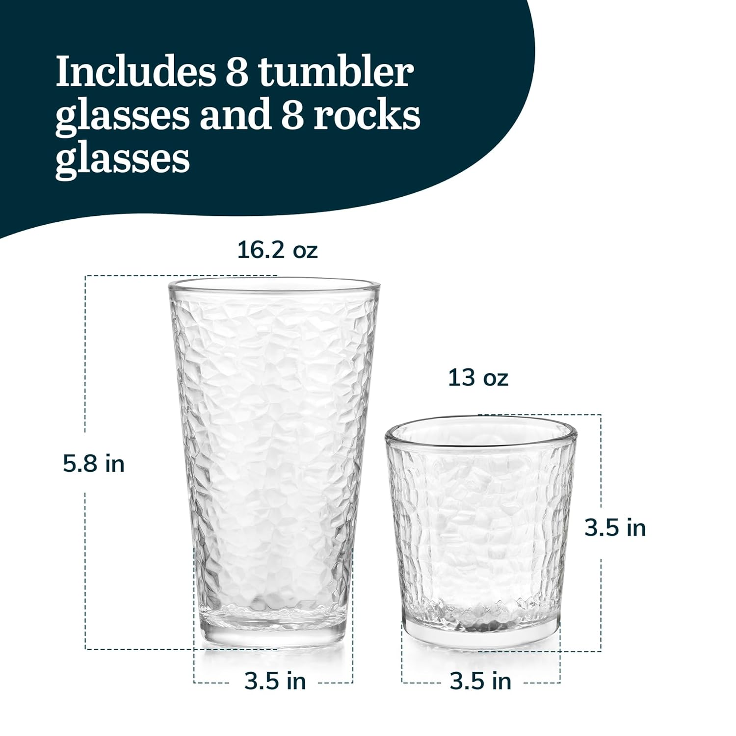 Libbey Yucatan Tumbler and Rock Drinking Glasses Set, Textured 16 Piece Glassware Set, All Purpose Glass Cups for Events and Everyday Use