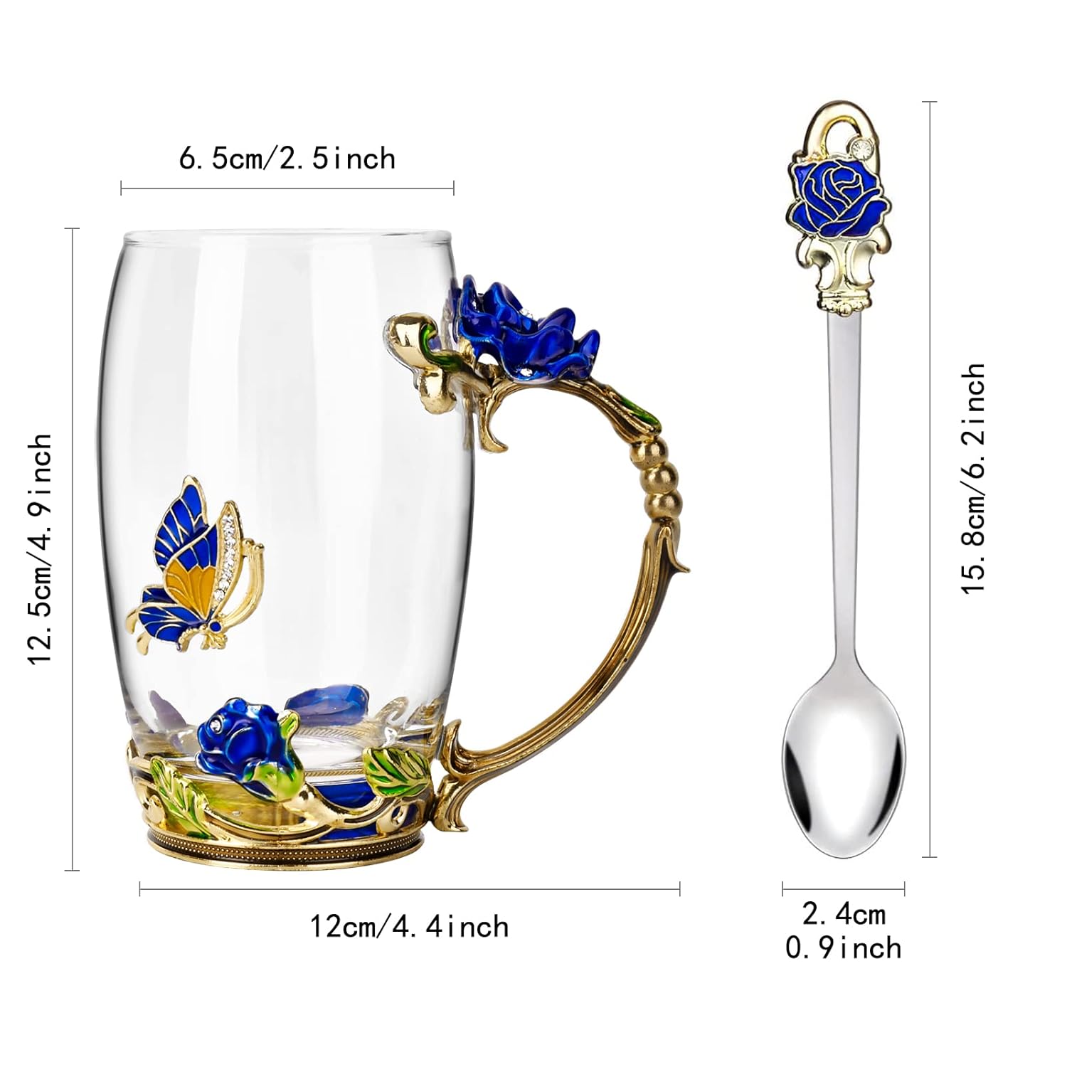 OEAGO Gifts for Mom Women Mothers Day Glass Coffee Enamels Mug Best Birthday Butterfly Rose Gifts for Her from Daughter Son Lead-Free Christmas Blue Tea Cup with Spoon Set