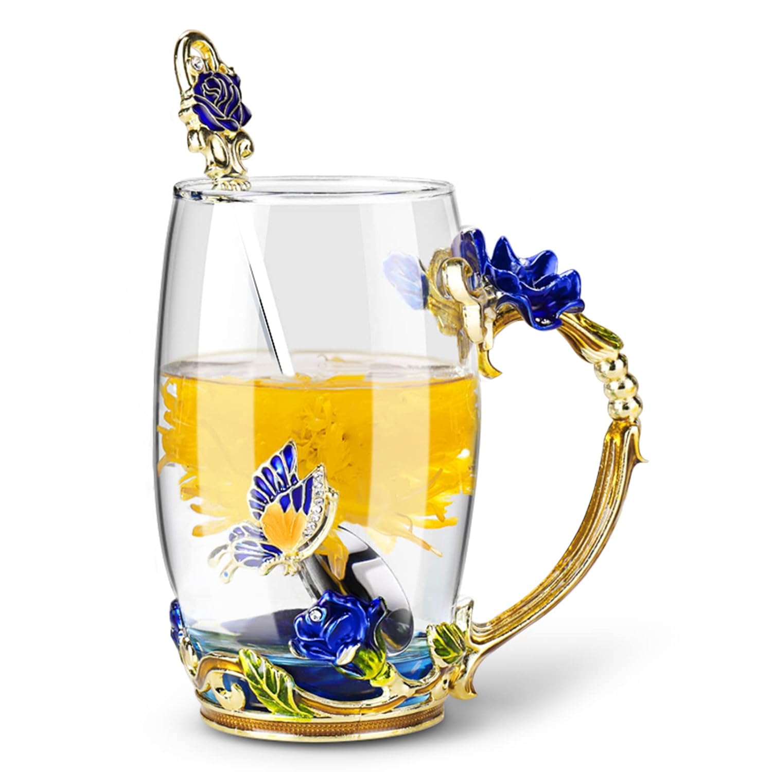 OEAGO Gifts for Mom Women Mothers Day Glass Coffee Enamels Mug Best Birthday Butterfly Rose Gifts for Her from Daughter Son Lead-Free Christmas Blue Tea Cup with Spoon Set