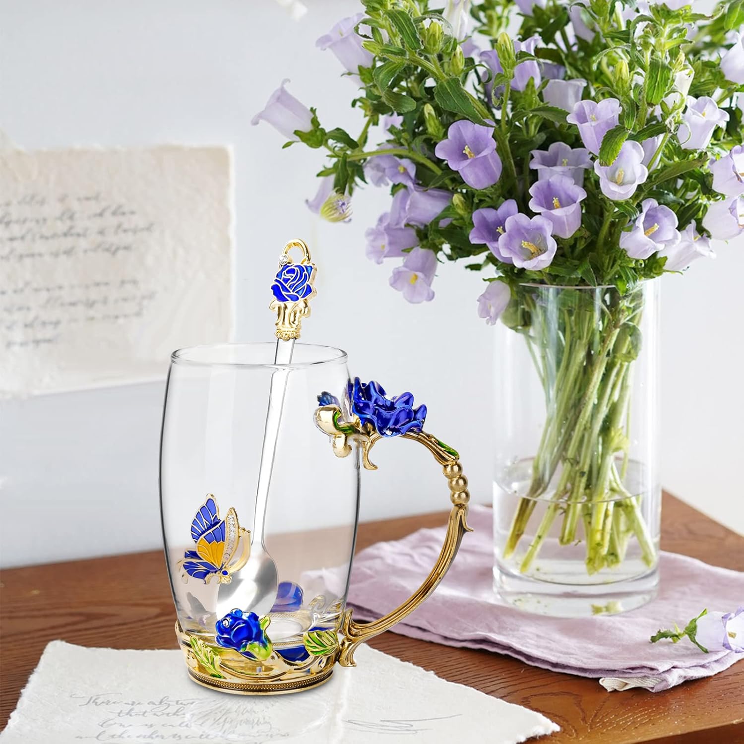 OEAGO Gifts for Mom Women Mothers Day Glass Coffee Enamels Mug Best Birthday Butterfly Rose Gifts for Her from Daughter Son Lead-Free Christmas Blue Tea Cup with Spoon Set