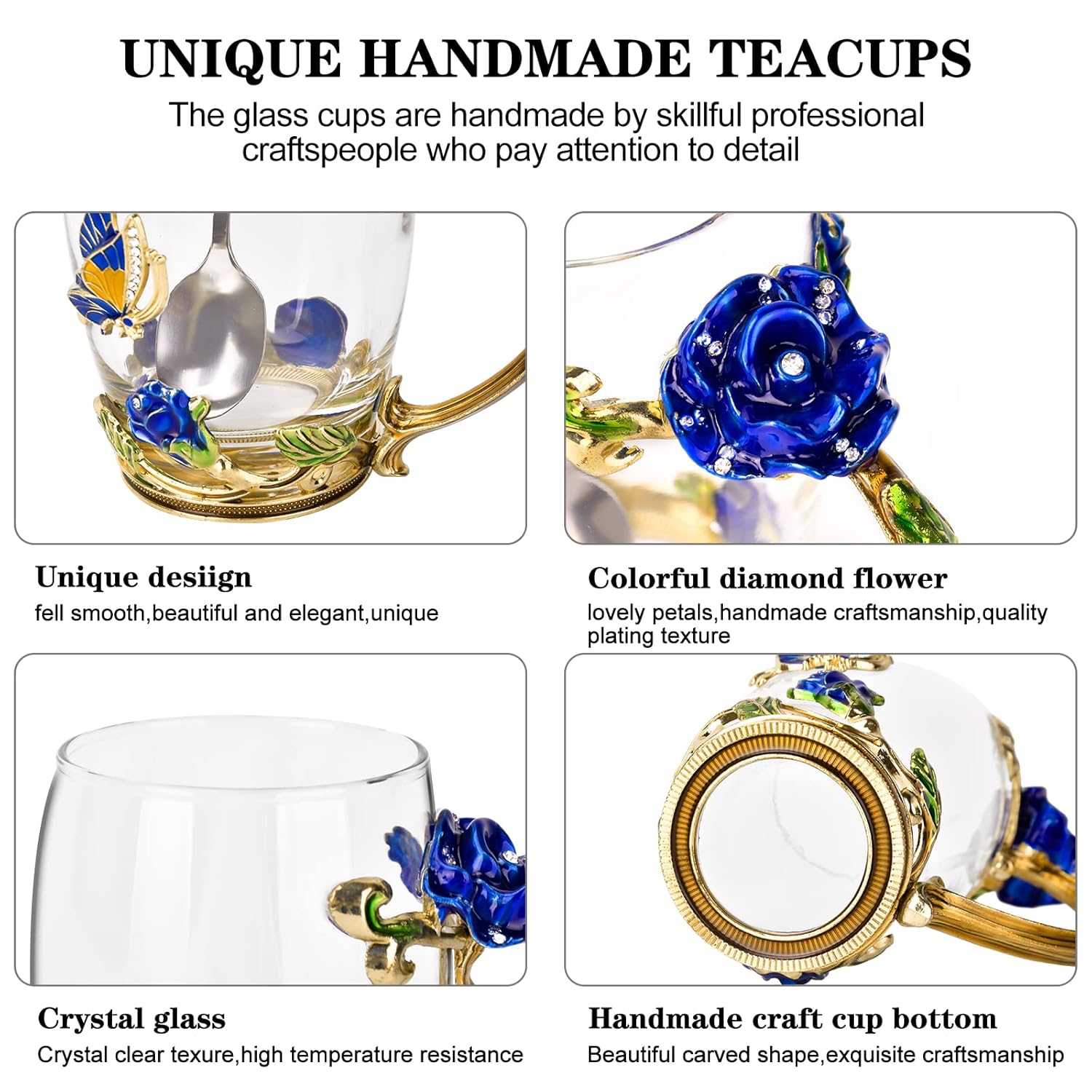 OEAGO Gifts for Mom Women Mothers Day Glass Coffee Enamels Mug Best Birthday Butterfly Rose Gifts for Her from Daughter Son Lead-Free Christmas Blue Tea Cup with Spoon Set