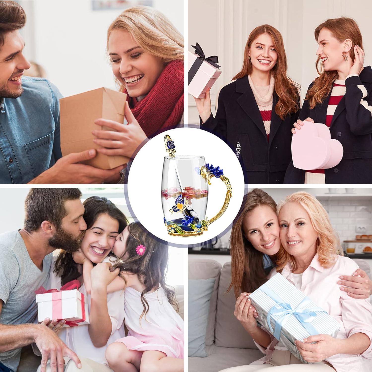 OEAGO Gifts for Mom Women Mothers Day Glass Coffee Enamels Mug Best Birthday Butterfly Rose Gifts for Her from Daughter Son Lead-Free Christmas Blue Tea Cup with Spoon Set