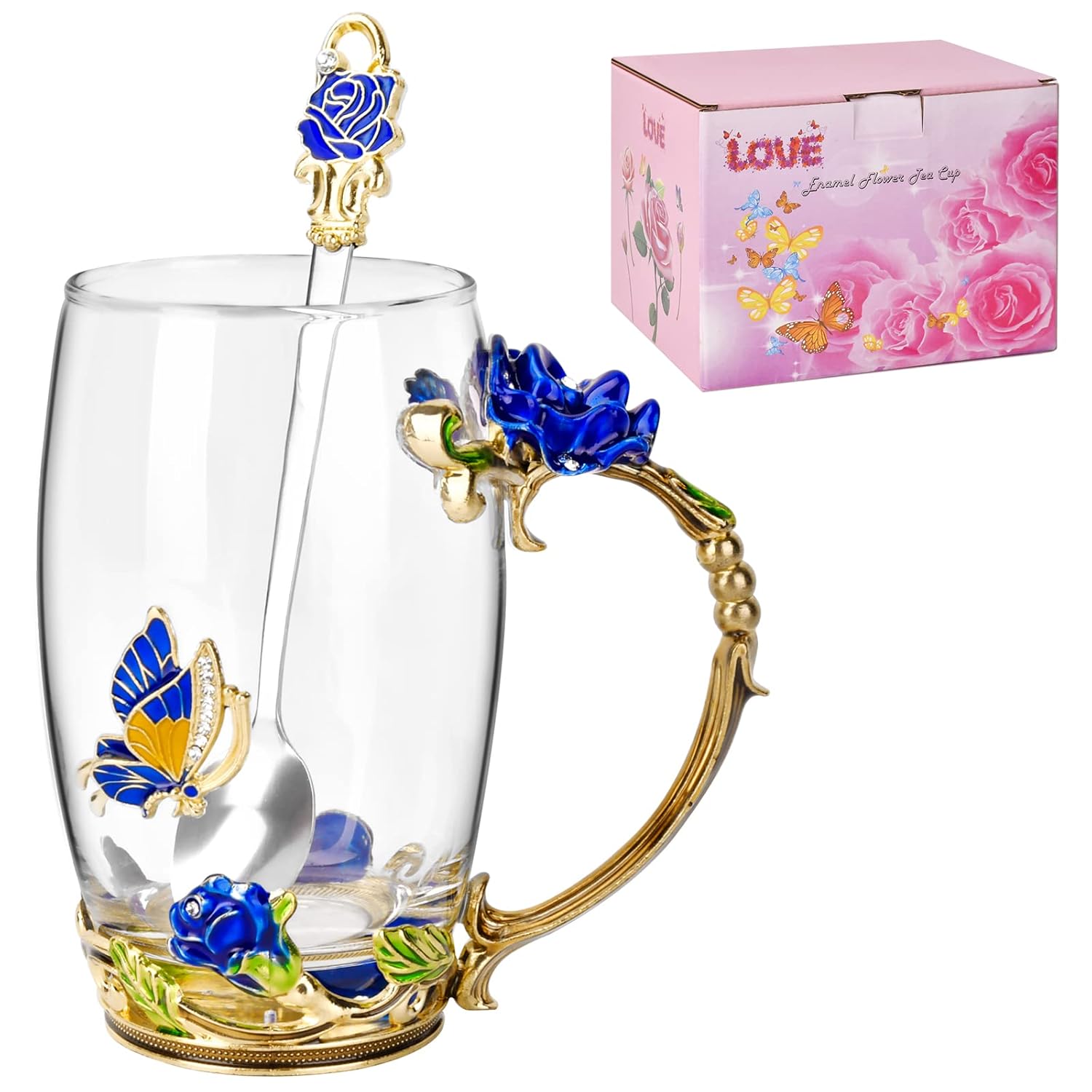 OEAGO Gifts for Mom Women Mothers Day Glass Coffee Enamels Mug Best Birthday Butterfly Rose Gifts for Her from Daughter Son Lead-Free Christmas Blue Tea Cup with Spoon Set