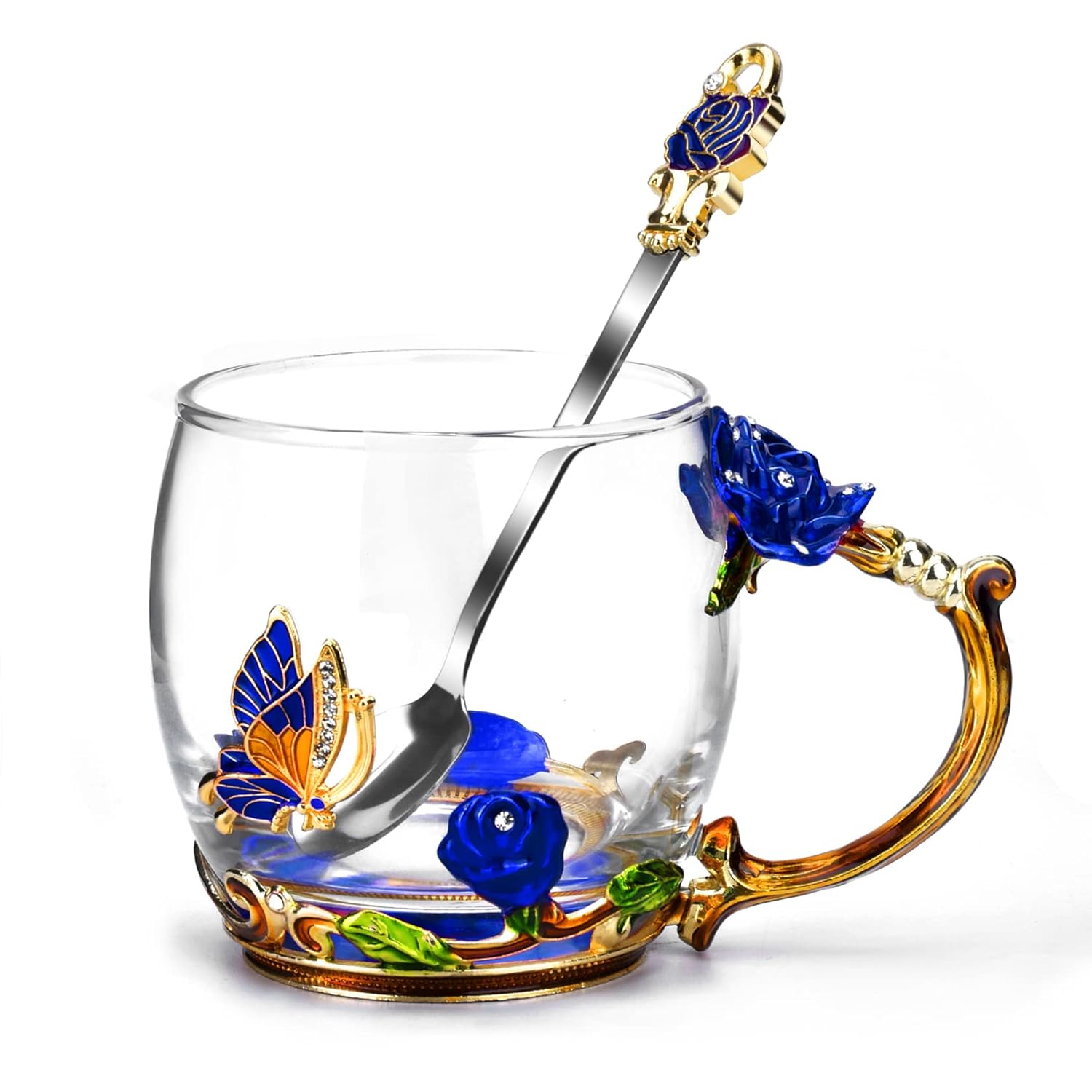 OEAGO Gifts for Mom Women Mothers Day Glass Coffee Enamels Mug Best Birthday Butterfly Rose Gifts for Her from Daughter Son Lead-Free Christmas Blue Tea Cup with Spoon Set